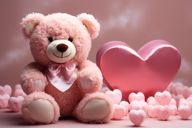 Foto oso de peluche con corazones en un fondo rosado