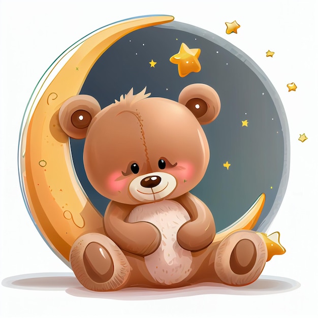 Foto oso de peluche de dibujos animados sentado en la luna con estrellas generativo ai