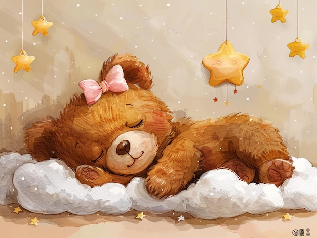 un oso de peluche durmiendo en una manta con estrellas y una estrella en ella