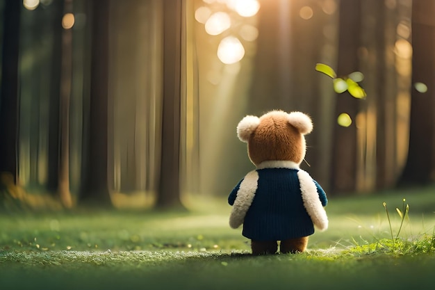 Un oso de peluche se encuentra en un bosque con un árbol al fondo.