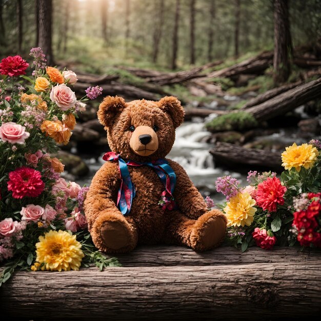 Oso de peluche entre flores de colores en un tronco