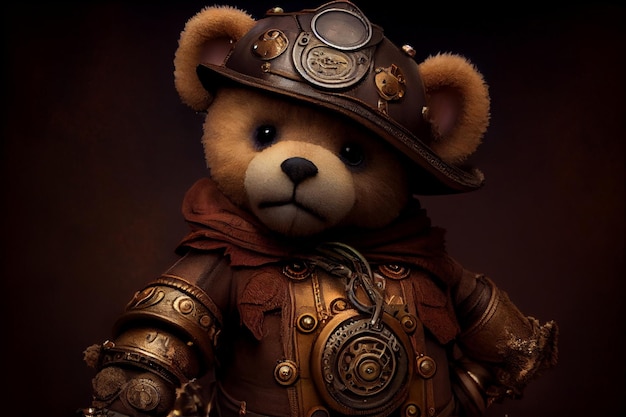 Un oso de peluche de frente vestido con un traje steampunk steampunk Generate Ai