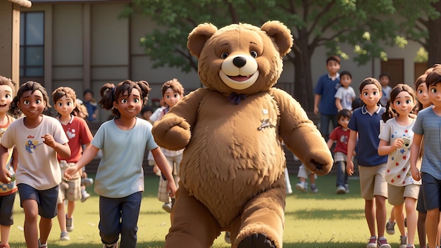 Un oso de peluche gigante con una sonrisa traviesa jugando un juego de etiqueta con un grupo de niños