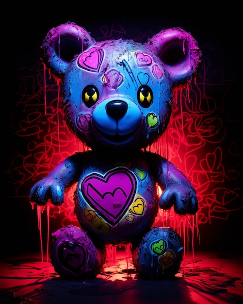 Foto oso de peluche iluminado con corazón y graffiti en él ai generativo