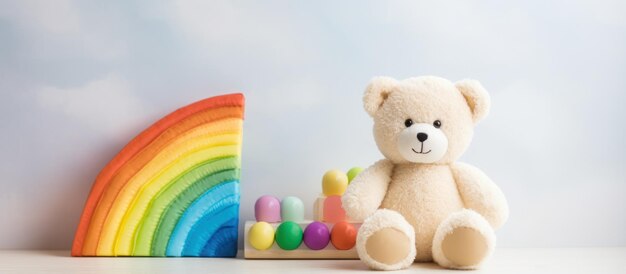 Oso de peluche con juguete de color pastel arco iris y marco de madera en blanco en escritorio blancoImagen generada por AI