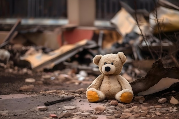 Oso de peluche de juguete para niños sobre las ruinas de una casa después de un terremoto o una guerra IA generativa 2