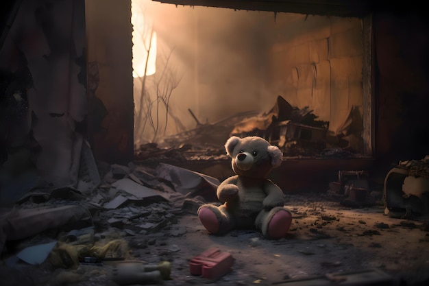 Oso de peluche de juguete para niños sobre las ruinas de una casa después de un terremoto o una guerra IA generativa 7