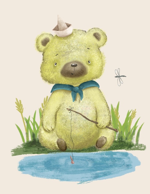 Oso de peluche, lindo animal para la decoración de la habitación de los niños, tarjeta de felicitación, ilustración del bosque, cartoo