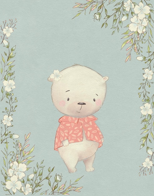 Oso de peluche, lindo animal para la decoración de la habitación de los niños, tarjeta de felicitación, ilustración del bosque, cartoo