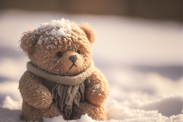 Oso de peluche marrón claro con bufanda sentado en la nieve blanca Disfrutando del frío día de invierno