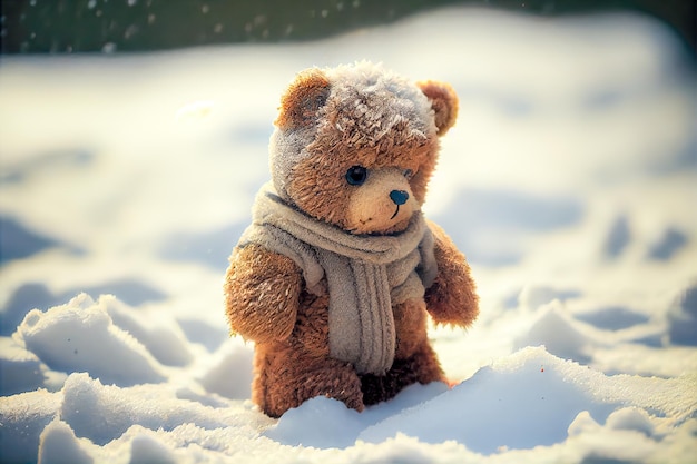 Oso de peluche marrón claro con bufanda sentado en la nieve blanca Disfrutando del frío día de invierno