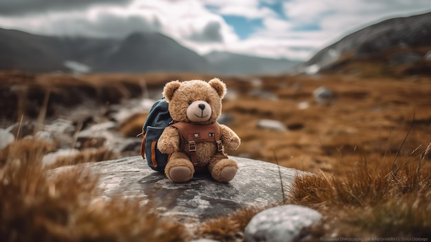 Un oso de peluche con una mochila se sienta sobre una roca en un campo.