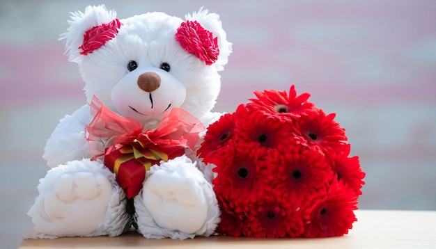 Un oso de peluche con un ramo de flores rojas.