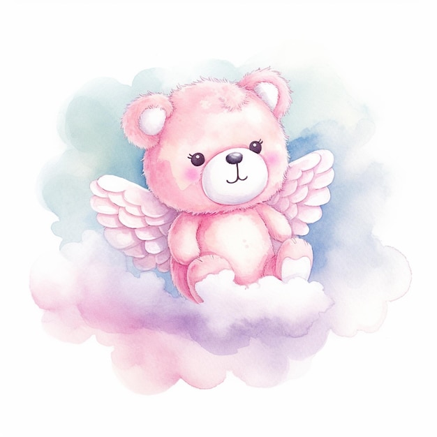 Un oso de peluche rosa con alas se sienta en una nube.