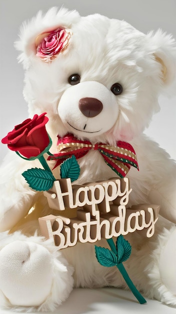 un oso de peluche con una rosa roja en el cuello