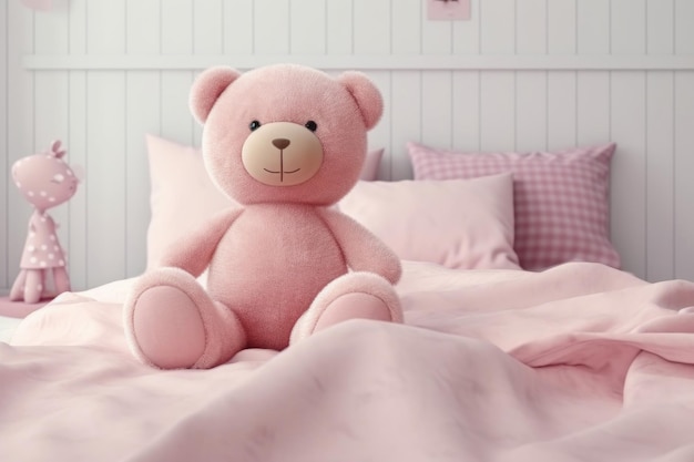 Oso de peluche rosa sentado en una cama con almohadas y una manta