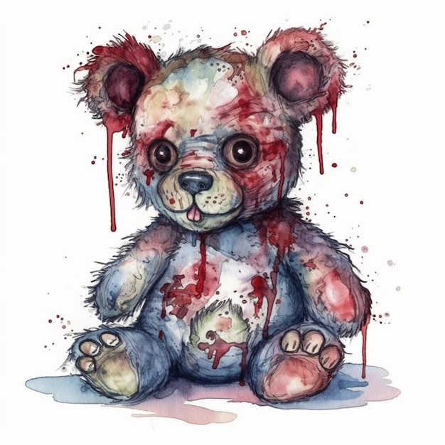 Un oso de peluche con sangre goteando por él.