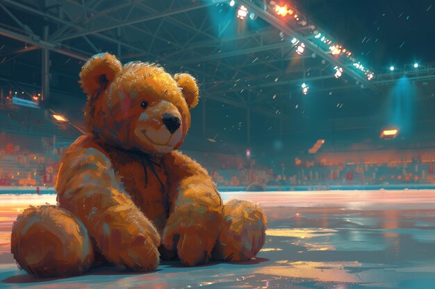 Un oso de peluche sentado en una arena de hielo de hockey ilustración digital