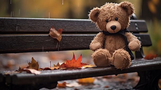 oso de peluche sentado en un banco en el parque de otoño