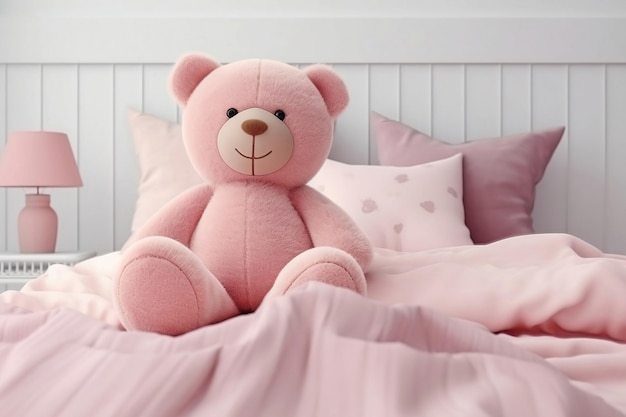 El oso de peluche sentado en la cama