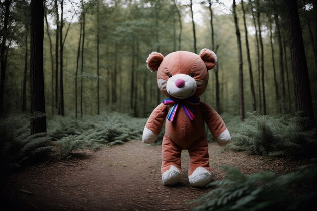 Un oso de peluche sentado en medio de un bosque