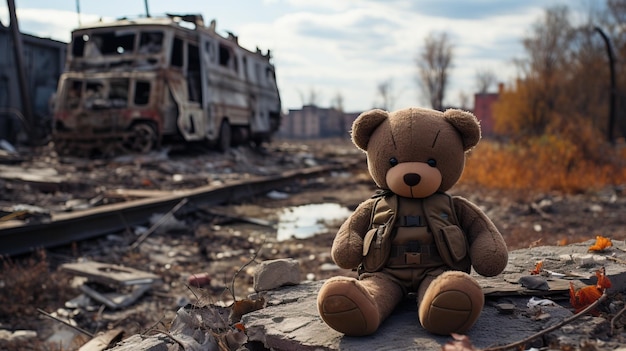 un oso de peluche sentado en una roca cerca de un vehículo destruido