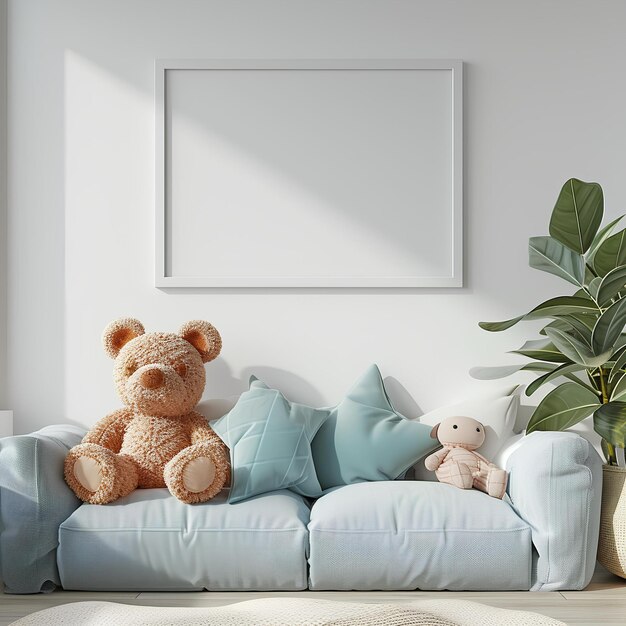 Un oso de peluche sentado en un sofá con almohadas y una planta en una esquina de una habitación con una pared blanca