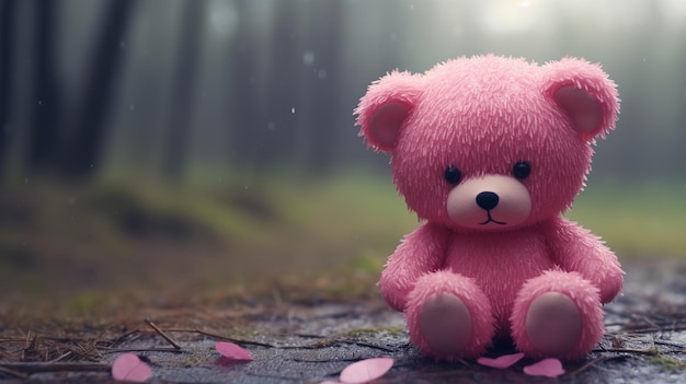 Foto un oso de peluche sentado solo mientras llueve