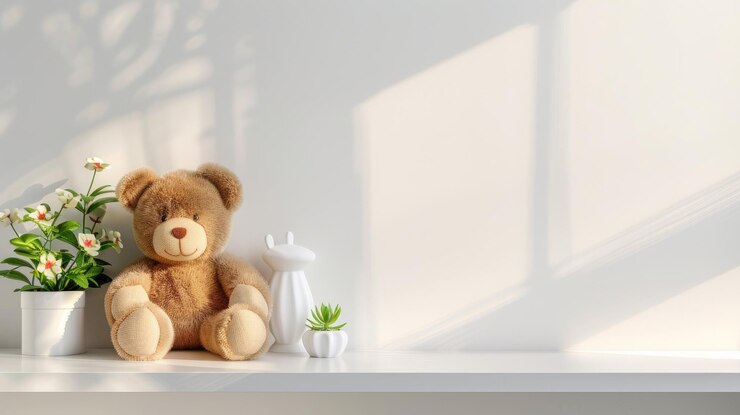 Un oso de peluche se sienta en un estante junto a una planta en maceta y un jarrón