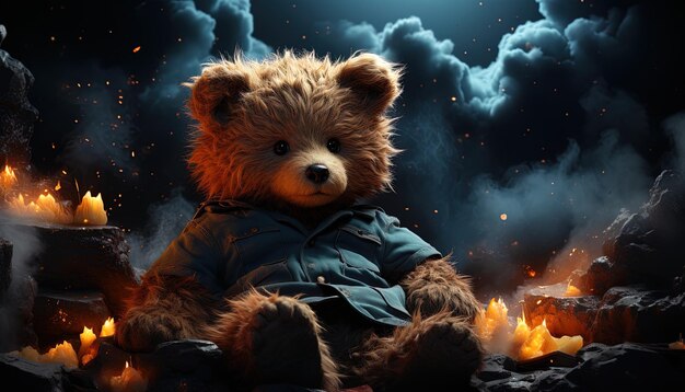 Foto un oso de peluche se sienta frente a un fuego con un cielo azul detrás de él