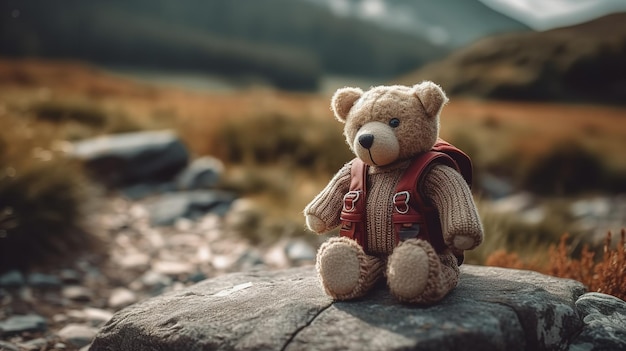 Un oso de peluche se sienta en una roca frente a una montaña.