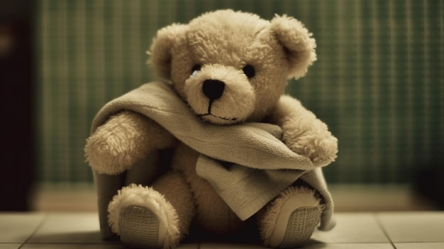Un oso de peluche se sienta en el suelo cubierto con una manta.