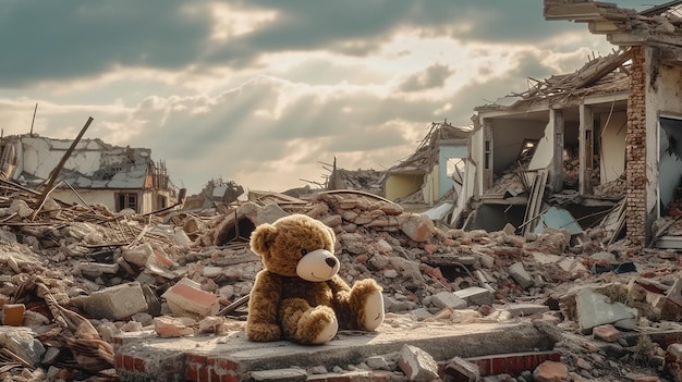 Foto un oso de peluche solitario en las ruinas de una casa después de una explosión de inundación por un terremoto y un huracán