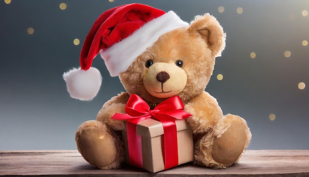 Un oso de peluche con un sombrero de Papá Noel y sosteniendo un regalo en HD