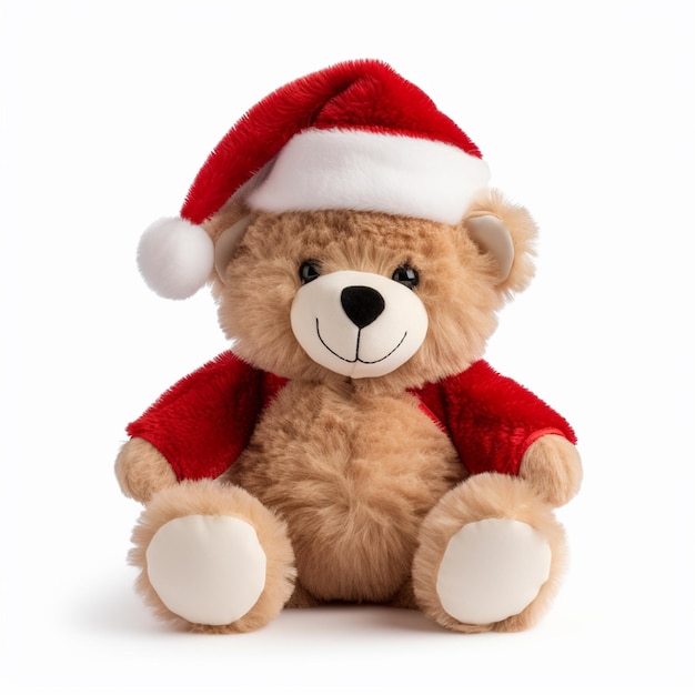 Oso de peluche con sombrero de Santa Claus aislado sobre fondo blanco.