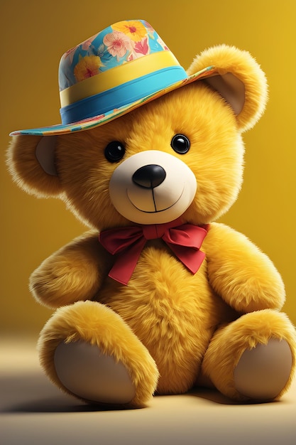 Oso de peluche con un sombrero sobre un fondo amarillo ilustración 3d