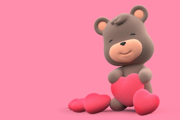 Oso de peluche sosteniendo un oso de peluche de corazón aislado sobre fondo rosa 3D Render