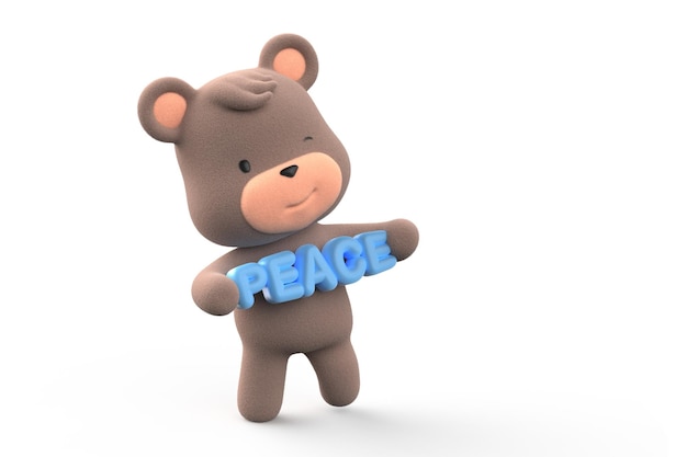 Oso de peluche sosteniendo la palabra paz en inglés escribiendo oso de peluche aislado sobre fondo blanco 3D Render