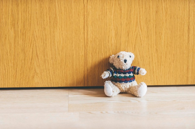 Foto oso de peluche en el suelo de madera en casa