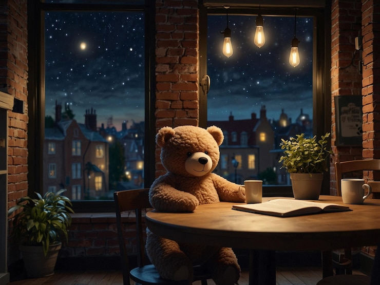 un oso de peluche con un suéter de punto ajustado y auriculares grandes se sienta en una mesa redonda de madera
