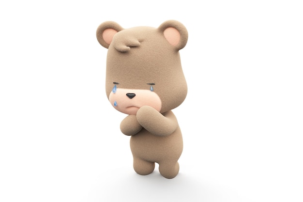 Oso de peluche triste y llorando Oso de peluche con lágrimas goteando aislado sobre fondo blanco 3D Render