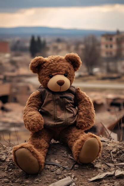 Un oso de peluche triste en una zona de guerra