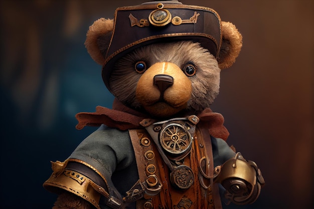 Un oso de peluche vestido con un traje steampunk.