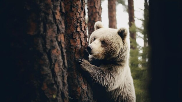 Oso de pie junto al tronco del árbol