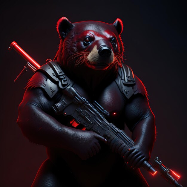 Un oso con una pistola y una luz roja.