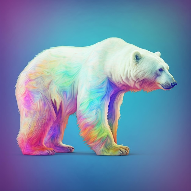 Un oso polar con un abrigo de color arcoíris en la espalda.