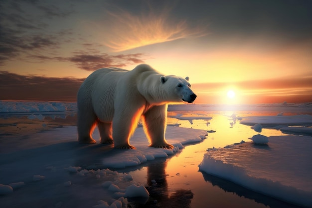 Oso polar en la Antártida en el fondo del atardecer IA generativa