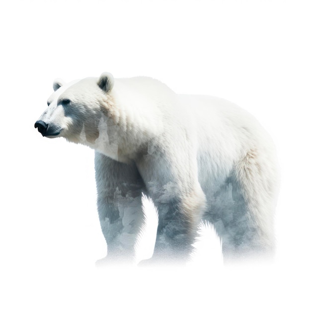 Oso polar blanco, agua helada y efecto de doble exposición forestal.