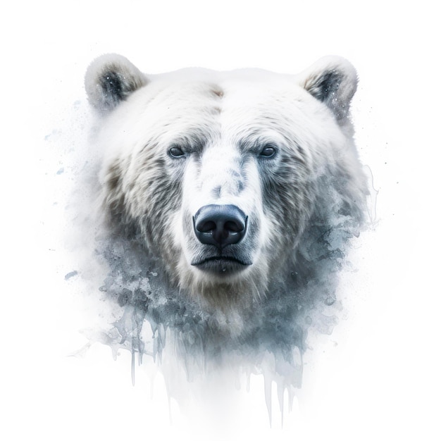 Oso polar blanco, agua helada y efecto de doble exposición forestal.