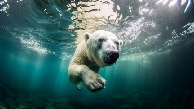 El oso polar blanco nadando bajo el agua